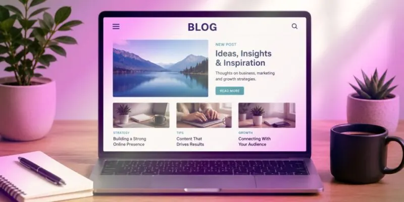 Laptop on a desk showing a small business website blog, beside a notebook, plants and coffee