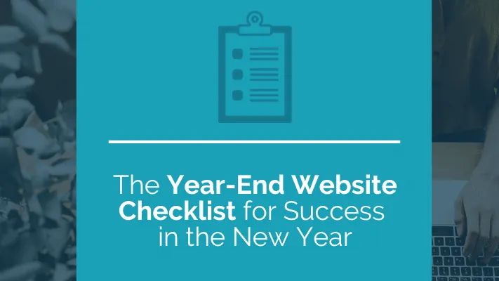 A clipboard checklist graphic beside someone working at a laptop