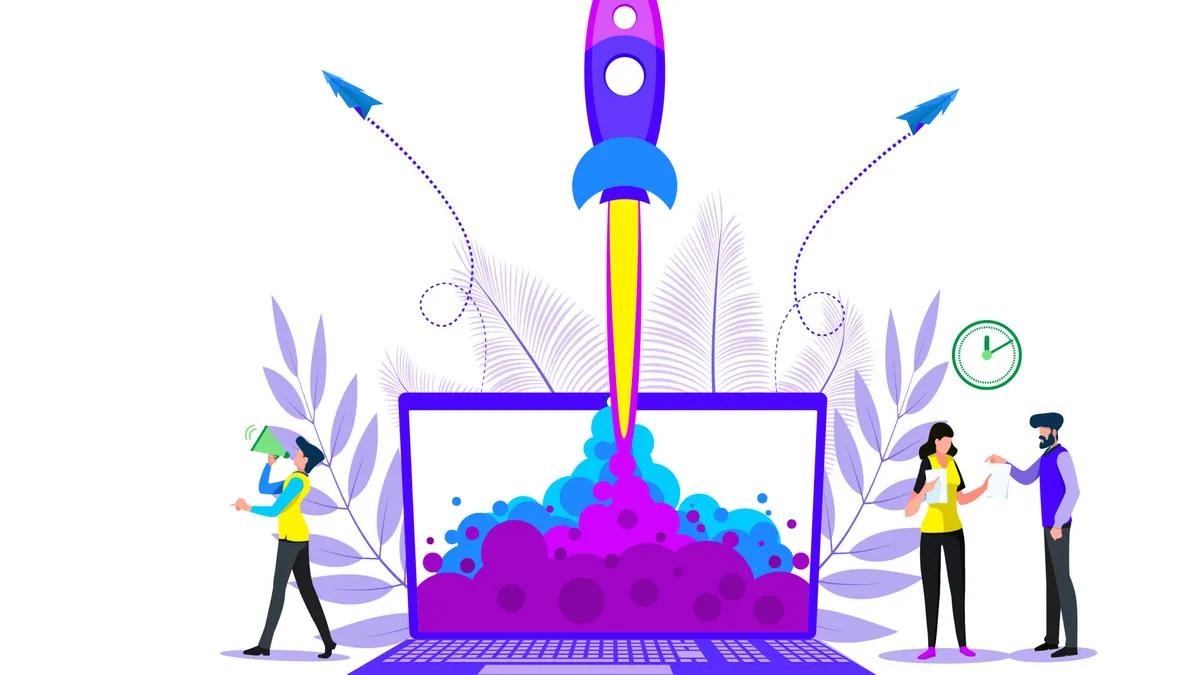 Illustration of a rocket launching out of a laptop screen while a team looks on