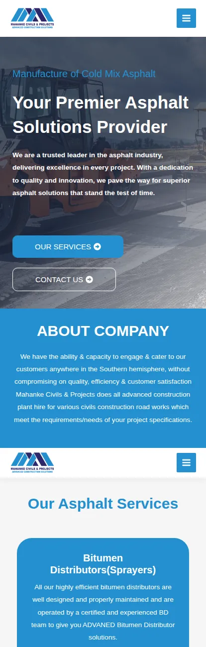 Mahanke Civils & Projects website on a mobile phone